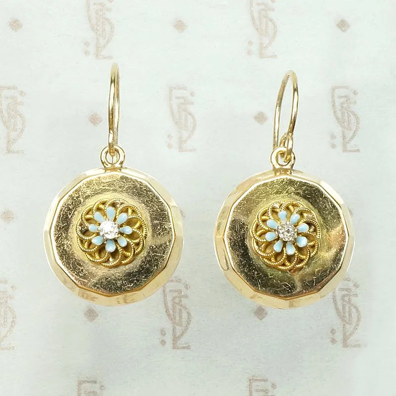 Ladies Gothic Design Earrings -Gold Disc Earrings with Flowers & Diamonds by Ancient Influences