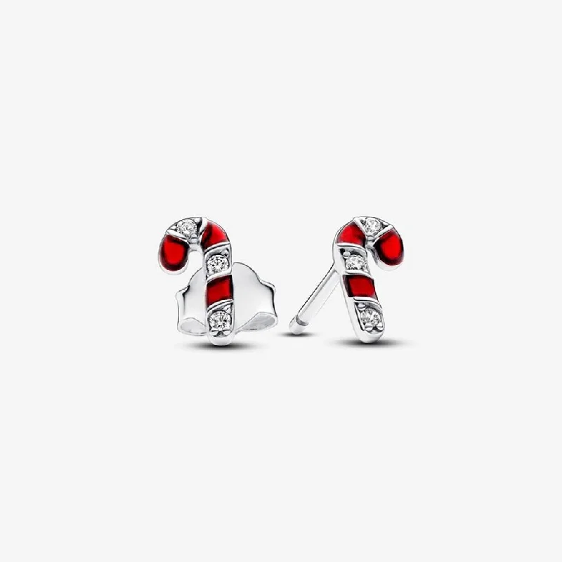 Ladies Huggie Hoop Earrings -PANDORA : Sparkling Red Candy Cane Stud Earrings