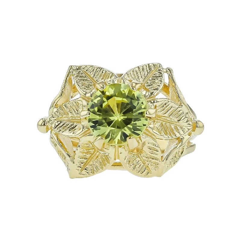 Ladies Wide Band Rings -14K Yellow Gold Peridot Leaf Ring